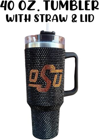 Lashicorn Oklahoma Rhinestone Tumbler 40 oz with Lid Straw Sparkle Bling State University Orange University Matches Beaded Purse Strap Football Black Cup Mug Diamond Bedazzled in Saudi Arabia