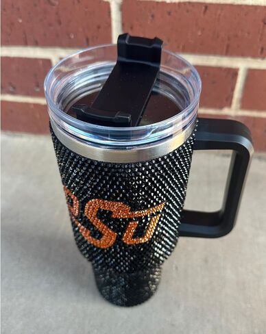 Lashicorn Oklahoma Rhinestone Tumbler 40 oz with Lid Straw Sparkle Bling State University Orange University Matches Beaded Purse Strap Football Black Cup Mug Diamond Bedazzled in Saudi Arabia