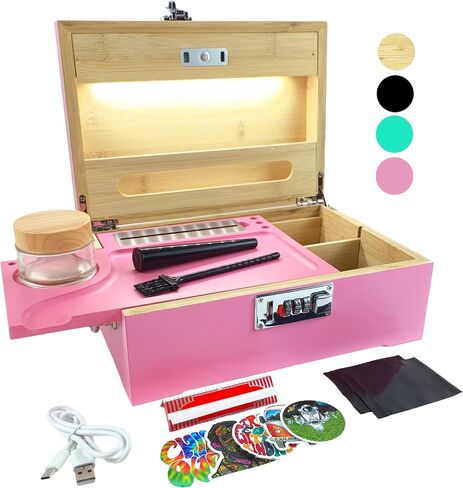 Giftidea Large Bamboo Storage Box with Combination Lock - Decorative Wooden Box with LED Light - Wooden Lock Box Set with Tray Jar Accessories - Pink in Kuwait