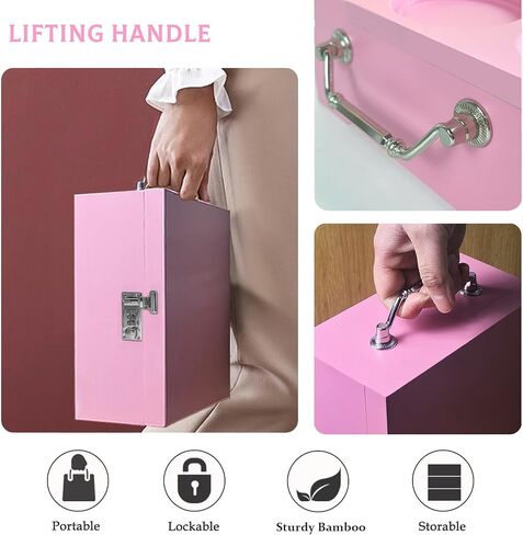 Giftidea Large Bamboo Storage Box with Combination Lock - Decorative Wooden Box with LED Light - Wooden Lock Box Set with Tray Jar Accessories - Pink in Kuwait