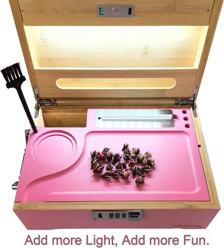 Giftidea Large Bamboo Storage Box with Combination Lock - Decorative Wooden Box with LED Light - Wooden Lock Box Set with Tray Jar Accessories - Pink in Kuwait