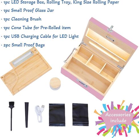 Giftidea Large Bamboo Storage Box with Combination Lock - Decorative Wooden Box with LED Light - Wooden Lock Box Set with Tray Jar Accessories - Pink in Kuwait