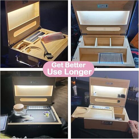 Giftidea Large Bamboo Storage Box with Combination Lock - Decorative Wooden Box with LED Light - Wooden Lock Box Set with Tray Jar Accessories - Pink in Kuwait