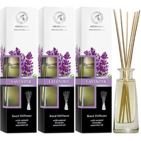 Reed Diffuser with Natural Essential Oil Lavender - 3 x 3.4 Fl Oz - Lavanda Diffuser - Scented Reed Diffuser - Gift Set w/Bamboo Sticks - for Aromatherapy - Home - Office - Fitness