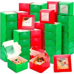 Cholemy 200 Pack Christmas Cookie Boxes Bakery Boxes with Window 4 x 4 x 2.5 In Mini Donut Boxes Holiday Cupcake Boxes for Gift Giving Strawberries Cupcakes Pastry Dessert, Xmas Red Green Treat Boxes