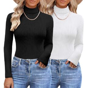 Womens 2 Piece Turtleneck Long Sleeve Shirts Ribbed Knit Pullover Sweater Basic Layering Thermal Underwear Tops