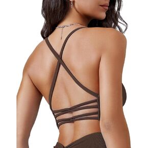 QUOJIZY Strappy Sports Bra for Women Cross Open Back Workout Top Seamless Spaghetti Strap Padded Sexy Yoga Crop Tank Tops