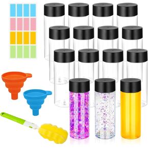16 Pcs Clear Plastic Bottles Empty Sensory Bottles with Caps PET Plastic Juice Bottles Reusable Bulk Leakproof Drink Container Plastic Sensory Bottles for Juice Milk (Black Lid, 10 oz/ 300 ml)