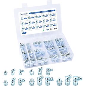 260 PCS SAE & Metric Grease Fittings Kit - Hydraulic Zerk Assortment 1/4" 1/8" M6 M8 M10 with Straight, 45°, and 90° Degree Heads for Automotive and Industrial Use, Galvanized Steel Set