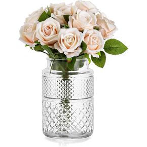 Glasseam Vintage Glass Flower Vases: Rustic Large Clear Vase Embossed Crystal Vases for Flowers Wide Mouth Vase Decorative Boho Vases for Decor Wedding Table Centrepiece Dining Room Height 7.87''