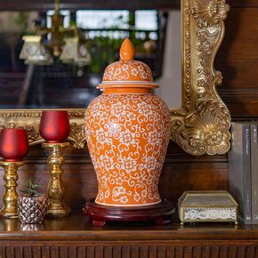 Red Lantern 18" White Flowers on Orange Temple Jar