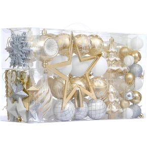 Valery Madelyn Christmas Ball Ornaments, 100ct White and Gold Shatterproof Christmas Tree Decorations Set, Elegant Hanging Ornaments for Xmas Trees Bulk Holiday Decor