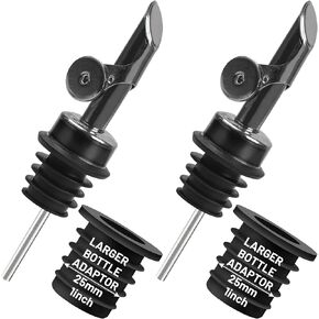 Liquor Pour Spout for Bottles, Hygienic Quick Bottle Pourer with 2 Adapters for Large Neck Bottles, Auto-Open/Close, for Alcohol, Olive Oil, Juices and Syrups, Black, 2 Pack