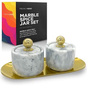 French KOKO 2-Pack Marble Stone Salt and Pepper Set with Gold Tray, Salt Pepper Bowl with Lid Condiment Holder for Cooking Cellars Pink Bowl Container Dish White