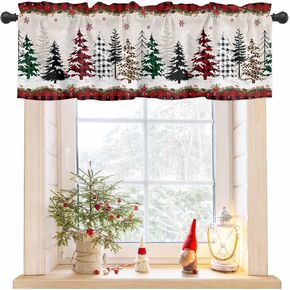 Christmas Tree Valance Curtains for Kitchen Windows,Buffalo Rod Pocket Valance Window Treatments 1 Panel Short Curtains for Bedroom Bathroom Living Room Decor,54x18IN