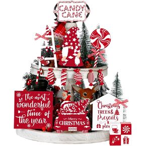 Dandat 17 Pcs Christmas Tiered Tray Decor Candy Cane Gnome Truck Wooden Signs Christmas Table Decorations Centerpieces Rustic Farmhouse Decor for Xmas Home Table Shelf
