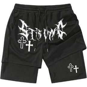 SHENHE Men's Graphic Shorts with Liner Cross Print Drawstring 2 in 1 Goth Gym Track Shorts