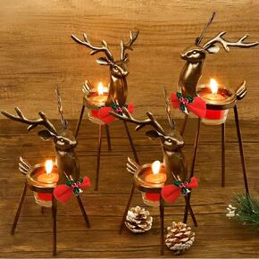 4 Pack Metal Reindeer Tea Light Candle Holders, Christmas Candle Holder, Metal Reindeer Shape Candle Holder,Glass Votive Candle Holder，Christmas Reindeer Candle Holder，Christmas Decor