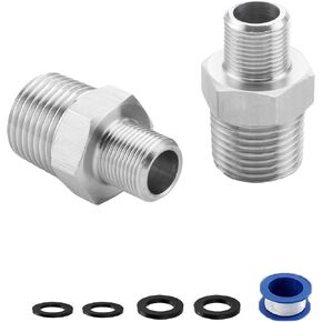 RV Faucet Adapter, 2 PCS 1/2 to 3/8 Reducer Faucet Adapter - Stainless Steel Fitting, 3/8 Male to NPT 1/2 Male Compression Pipe Fitting for RV Faucet Supply Line Adapter with Gasket