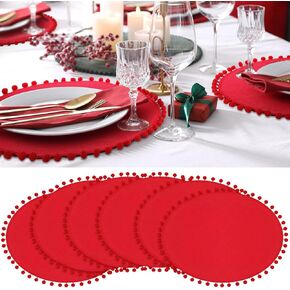 6 Pcs Christmas Placemats with Fluffy Balls Rustic Red Round Table Mats 15 Inch Burlap Round Placemats for Dining Kitchen Christmas Wedding Parties