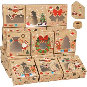 Fovths 24 Pack Christmas Cookie Boxes 6 x 6 x 2.5 Inches Cupcake Gift Boxes with Window Brown Kraft Bakery Holiday Candy Box Treats Food Container with Tags for Gift Giving, Pastries, Pie, Doughnut