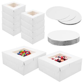 Ireer 10 Sets 14 x 14 x 6 Inch White Bakery Boxes with Window and Cake Boards Cake Box Sturdy Pie Dessert Cupcake Cookie Boxes for Gift Party Birthday Dessert Pastry