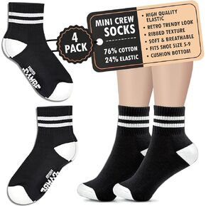 Mini Crew Socks for Women Soft Terrycloth Cushioned Bottom Striped Retro Athletic Quarter Calf Gym Socks (4-Pack) White Ankle Socks with Red/Blue Stripe