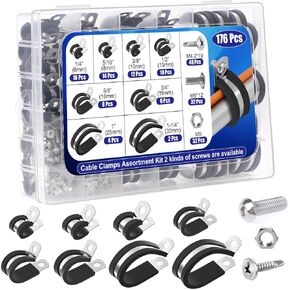 176Pcs Cable Clamps Set, 8 Sizes Rubber Insulated Clamps with 72Pcs Screws, Stainless Steel Cushioned Clamp, Loop Clamps Pipe Clamps Wire Clamps for Wire Cord Automotive Installation