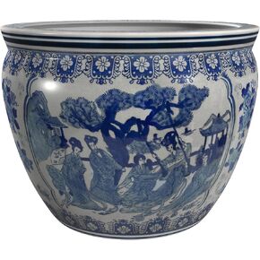 Red Lantern Oriental Furniture 16" Ladies Blue & White Porcelain Fishbowl, Large