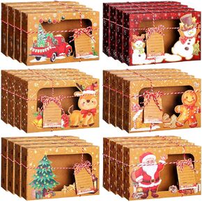 Tioncy 24 Pcs Christmas Cookie Boxes Christmas Cookie Tins with Lids Bakery Treat Box with Window Cookie Containers Box Kraft Paper Holiday Gift Boxes for Xmas Party Cupcakes Dessert Candy Gift Giving