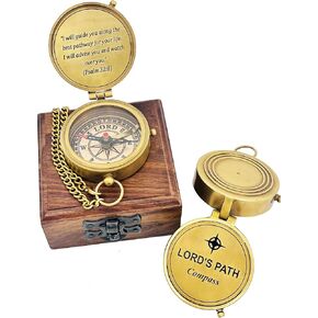 Brass Engraved Compass for Navigation, Portable Compass for Hiking with Wooden Box, Antique Compass for Camping Survival, Birthday Gift for Men, Son