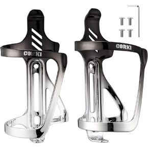 Corki Cycles Bike Water Bottle Holder Aluminum Alloy Side Load Water Bottle Cage, Right and Left Entry Bike Water Bottle Holder for Road & Mountain Bikes - Right Duo Pack - 2Pack - Black & Silver