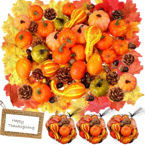 Janinka 150 Pcs Thanksgiving Artificial Pumpkins Decorations, Fall Foam Pumpkin and Gourd Fake Maple Leaves Pine Cones Acorns Fall Decor for Autumn Harvest Festival Party Table Centerpieces Supplies