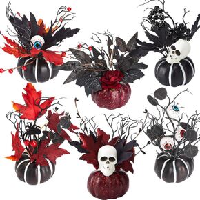 6 Pcs Halloween Centerpieces for Tables 9" Artificial Pumpkins with Artificial Flowers Eyeball Spider Skull Tabletop Decoration Fake Pumpkin Arrangements for Home Party Decorative Ornament