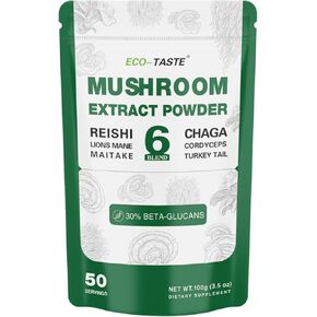 ECO-TASTE 6 Blend Mushroom Powder with 30% Beta-D-Glucan, Lions Mane, Reishi, Cordyceps, Chaga, Turkey Tail, Maitake, Fruiting Body Extract, 100 Grams