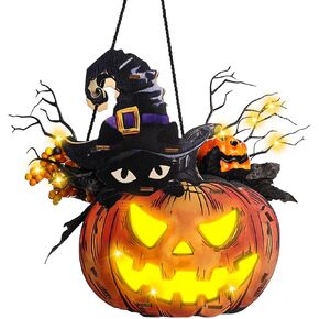 Halloween Pumpkin Lights, Jack-O-Lantern Maple Leaves Berries Witch Halloween Decorations Battery-Operated Premium Wood Pumpkin Light Indoor Outdoor Halloween Decor
