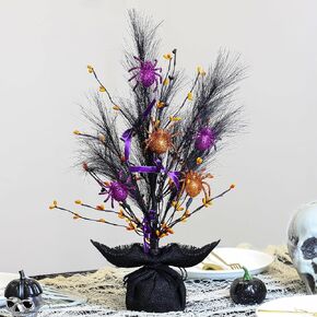 Exclusive Turnmeon 18" Black Halloween Tree Decoration Spooky Tree with 8 Black Feathers 5 Glittery Spider Orange red and Black Berried 3 Bow Halloween Decorations for Home Mantel Indoor Outdoor