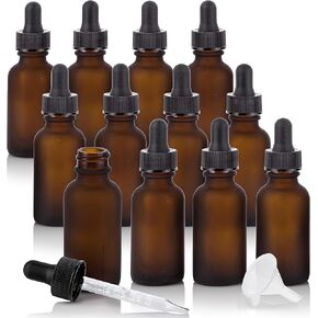 JUVITUS 1 oz / 30 ml Amber Frosted Glass Boston Round Bottle with Graduated Measurement Glass Dropper (12 pack) + Funnel