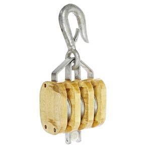 Indusco 16900136 6" Triple Wood Manila Rope Block with Hook, 3200 lbs Load Capacity, 3/4" Rope, 3-1/2" Sheave