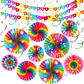 Outus 24 Pcs Rainbow Party Decorations Rainbow Paper Fans Colorful Bulletin Board Ceiling Streamer Boho Hanging Decors Colorful Swirls Heart Banners for Classroom Baby Shower Birthday Party Supplies