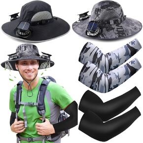 2 Pcs Solar Fan Cap and 2 Pcs Unisex UV Sun Protection Arm Sleeves Wide Brim Cooling Hat with Fans Black Cooling Sports Sleeve for Outdoor Fishing Summer Camping Beach