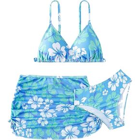 Milumia Girl's 3 Piece Swimsuits Spaghetti Strap Bikini Set with Beach Skirt Coverup Floral Blue 10 Years