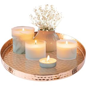 Hammered Copper Serving Tray, Circle Round Candle Plate Decorative Tray, Aluminum Vanity Tray for Jewelry, Make up and Perfume, Food Display Coffee Table Tray- Handcrafted in India(11 inch)