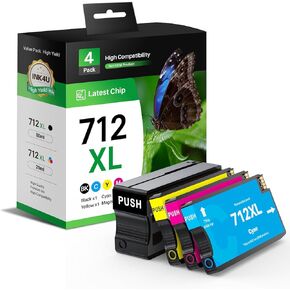 712XL 712 Ink Cartridges High Yield Replacement for 712 HP DesignJet Ink Cartridge 712XL 712 Black and Color for HP DesignJet T210 Ink T650 T630 T250 T230 Printer (4 Pack, 1BK/1C/1M/1Y)
