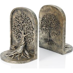 Tree of Life Bookends Decor 7 inch Resin Decorative Bookends for Library Office Bookshelf Decor, Non-Skid Anti-Slip Heavy Bookends, Cool Stuff to Put on Shelves, Gold Bookends