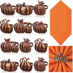 Remerry 24 Pcs Thanksgiving Fall Napkin Rings Set, Include 12 Pcs Pumpkin Napkin Rings with 12 Pcs Orange Cloth Napkin for Halloween Fall Thanksgiving Day Table Decorations Dinner Parties