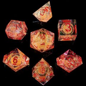 Fugacity DND Dice Set, Liquid Core Handmade Sharp Edge 7 Piece Resin Dice-Dungeons and Dragons Polyhedral Dice Set, D&D Dice Set with Gift Dice Case for RPG MTG Table Games (Blue Sand & Red)