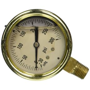 PIC Gauges 601L-254P Bottom Mount Glycerine Filled Heavy Duty Pressure Gauge w/ Forged Brass Case, Brass Internals, PC Lens, 2.5" Dial, 0/3000 psi Range, 1/4" Male NPT