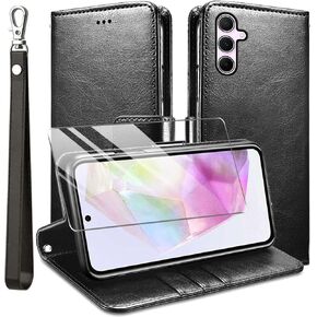 for Samsung Galaxy A55 5G Case and Tempered Glass Screen Protector, PU Leather Flip Cover Wallet Phone Case Protector [Full Protection] [Card Slots] [Kickstand] for Samsung Galaxy A55 5G, Black