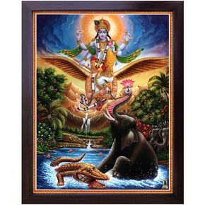 SANVIKA Lord Vishnu Poster Frame Wall Decor, Lord Vishnu Art Frame For Living Room Decor, Hindu Decor For Home Office, Pooja Room (Vishnu Flying with Garuda & Holy Elephant, 12" x 9")